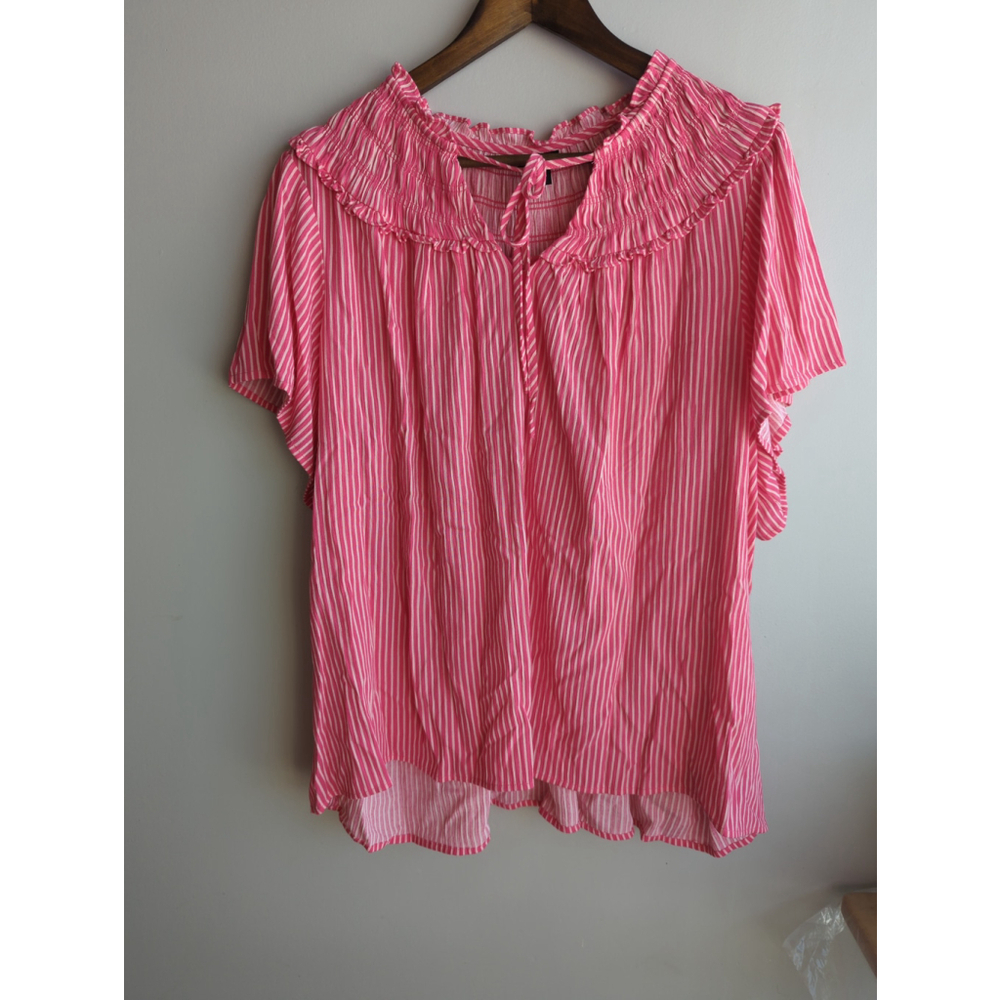Torrid Honeysuckle Stripe Washable Gauze Smocked Yoke Ruffle Pink Top Womens 4X